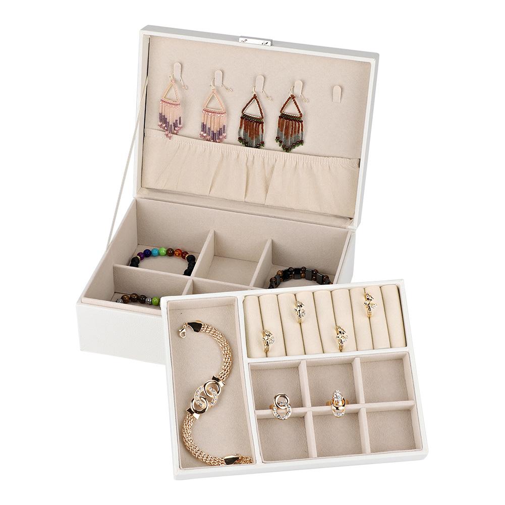 Double Layer Jewelry Earrings Rings Bracelet Necklace Box PU Organizer Storage (White)