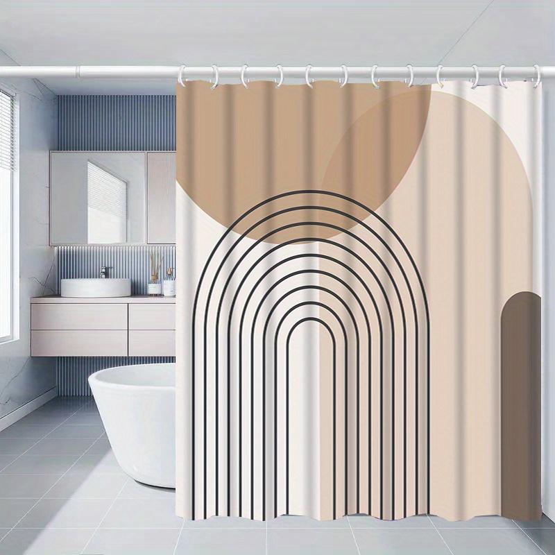 1 Simple Geometric Pattern Shower Curtain with Hooks - Beige, Brown and White Polyester Bathroom Divider, Machine Washable