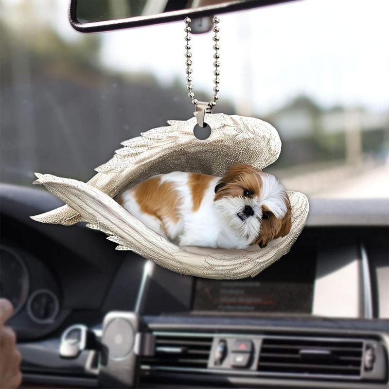 Creative Sleeping Angel Wing Puppy Memorial 2D Flat Car Rear View Mirror Accessories Ornament Decoration Hanging Charm Pendant