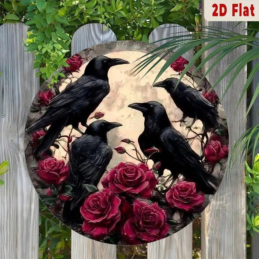 Gothic Raven and Rose Metal Wall Art Halloween Decor