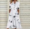 Floral Print V-Neck Mid-Sleeve Casual Dress with Pockets, Button Front, Loose Fit - White/Light Blue/Pink