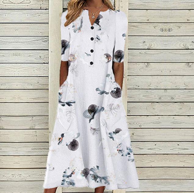 Floral Print V-Neck Mid-Sleeve Casual Dress with Pockets, Button Front, Loose Fit - White/Light Blue/Pink