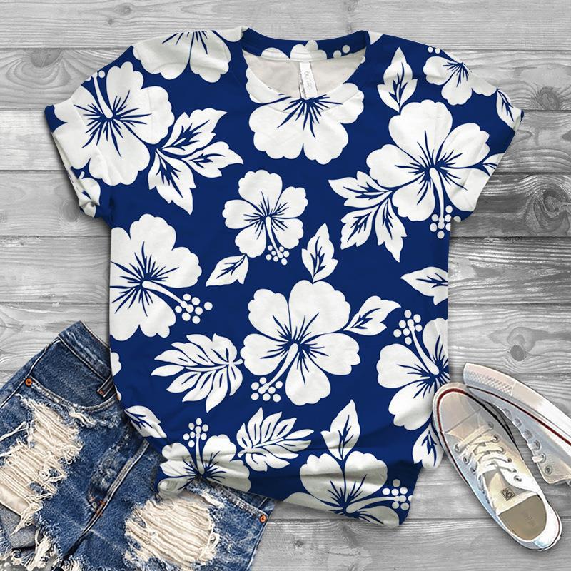 Damen Sommer Europäisch und Amerikanisch Neu 3D Freizeit Kunst Design Blumen Bedrucktes T-Shirt