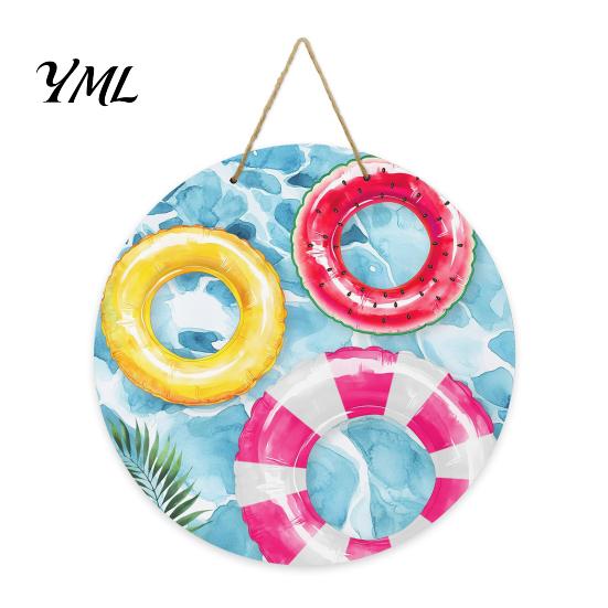 Summer Beach Decor Round Wooden Door Hanger, Watercolor Welcome Sign, Hello Sunshine Indoor Outdoor Wall Hanger Please Plaque for Porch Decorative