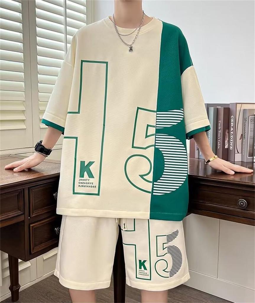 KTNCFD Short Sleeve Summer Plus and Loose Men's Set, Sizes, 2-Piece Set, T-Shirt, Tracksuit, Shorts, Sportswear, Sweatshirt, Loungewear, Fit,
