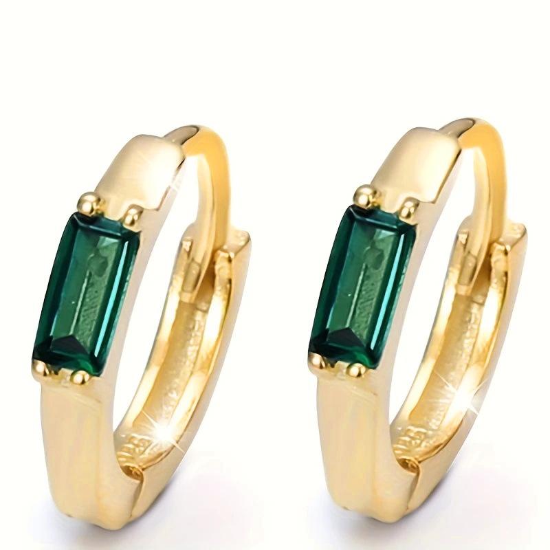 Single Baguette Cut Green Cubic Zirconia Tiny Hoop Earrings Silver Tone Four Prong Setting Minimalist Ladies Casual Accessories