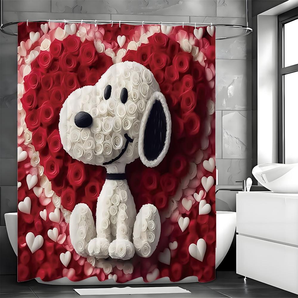 Valentine's Day Cute Puppy Red and White Rose Shower Curtain, Bathroom Decorative Shower Curtain, Waterproof Shower Curtain with