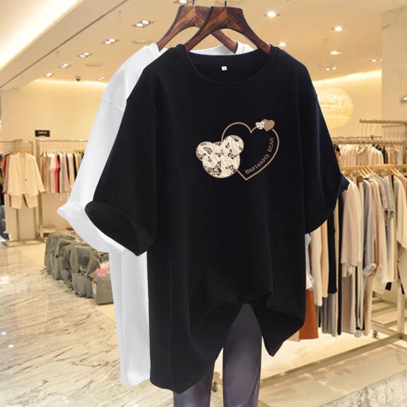 Tricou de damă Plus Size 2024, din bumbac pur, cu imprimeu lejer, de lungime medie, care acoperă șoldurile