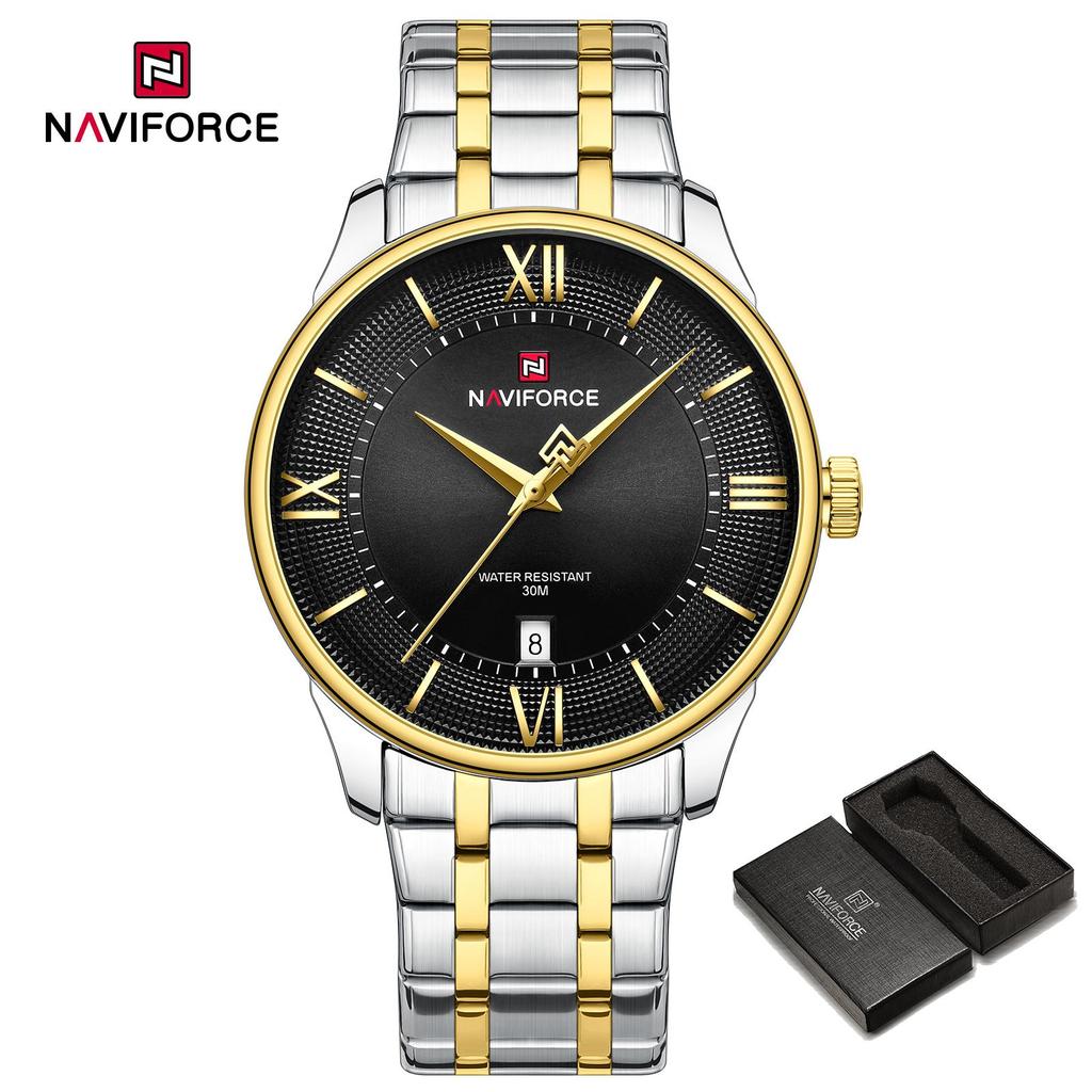 NAVIFORCE Men Quartz Watch Daily Casual Calendar Simple Dial 30m Waterproof Stainless Steel Strap Men Casual Watch Gift NF9272S