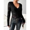 Women's Elegant V-neck Scalloped Neck Edge Solid Color Long Sleeve Slim Slim Pullover Lace Top