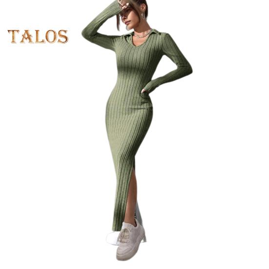 

Женское платье весна-осень с V-образным вырезом, разрезом по низу, облегающим кроем, длинными рукавами, длиной до щиколотки, трикотажное эластичное платье макси для шопинга, свиданий, вечеринок XL зелёный