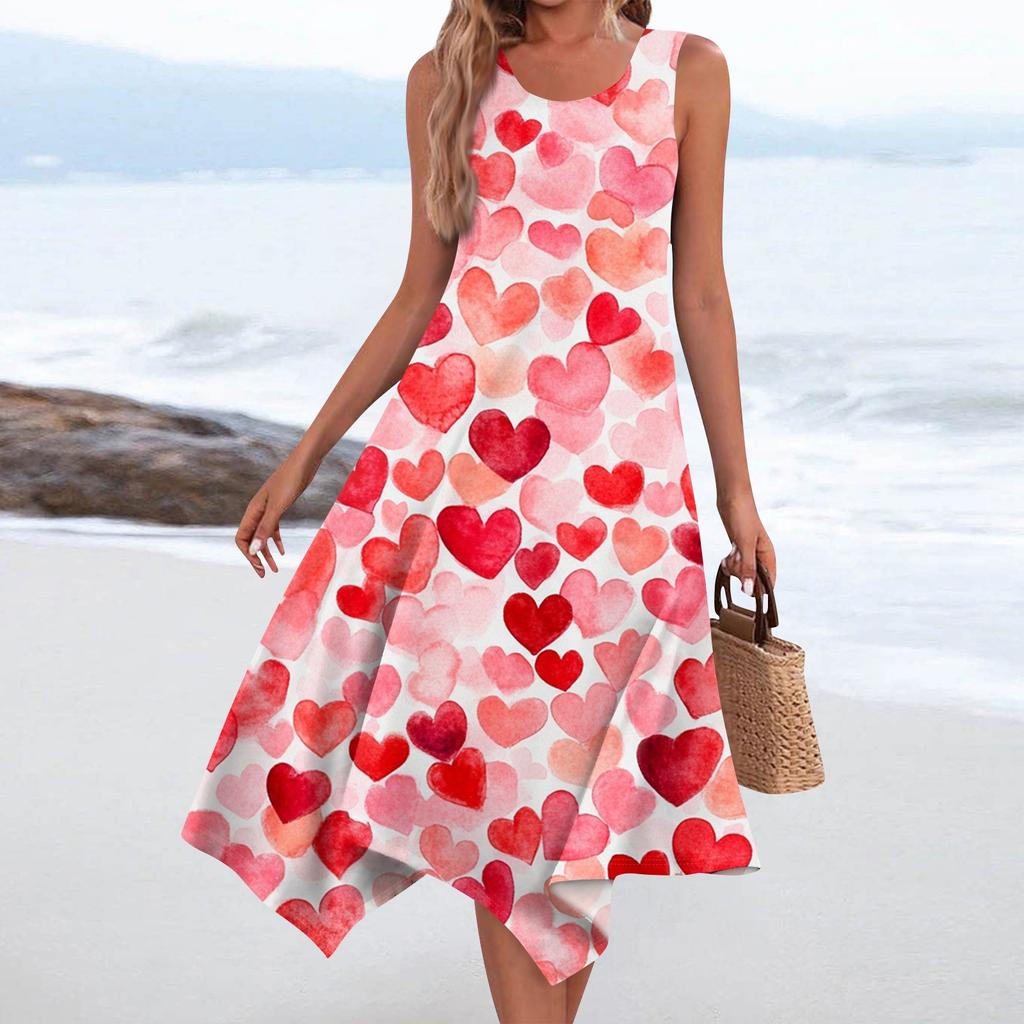 Women's Casual Fashion Round Neck Sleeveless Print Irregular Hem Midi Dress