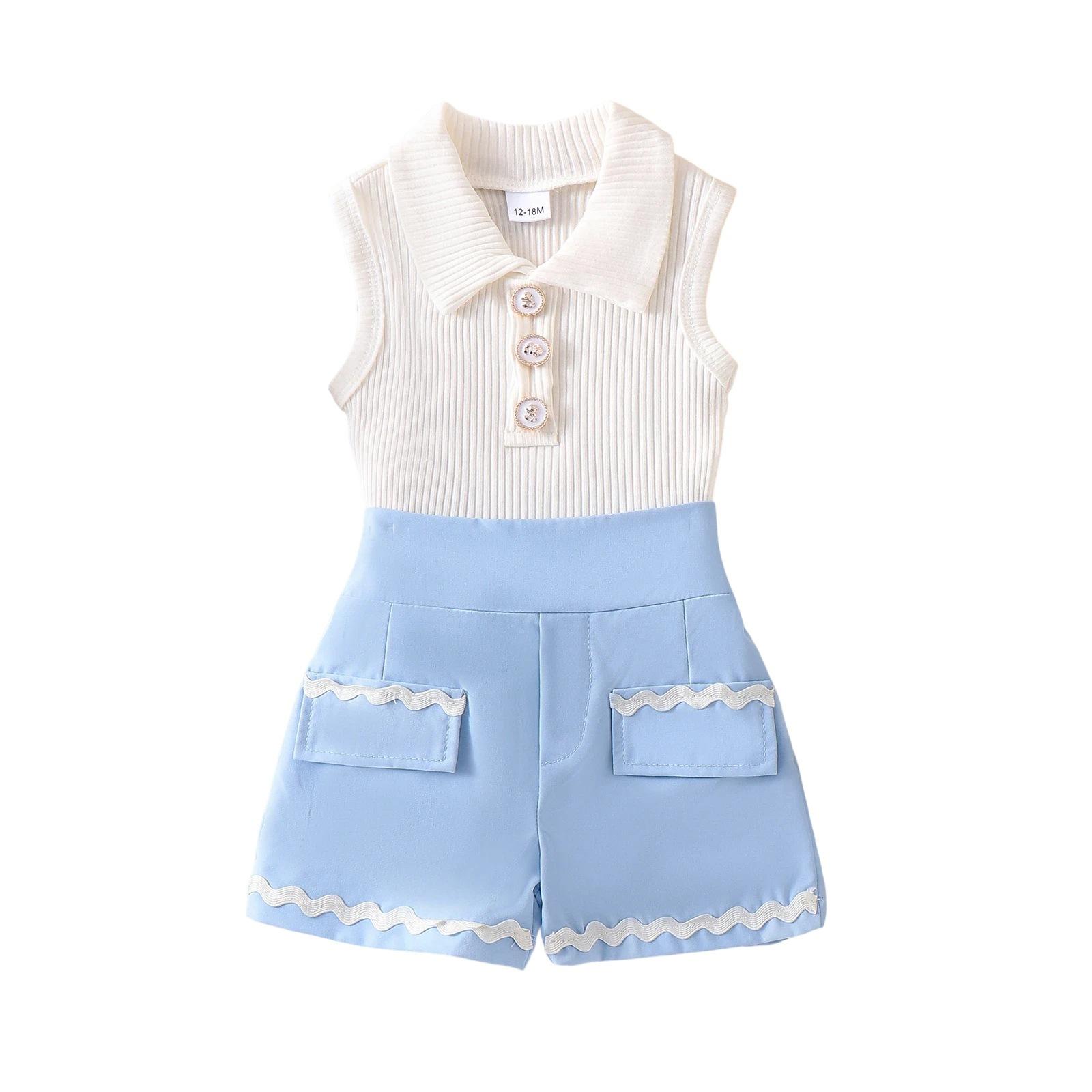 

Girls Fashionable Outfit - Summer Children s Simple Sleeveless Top and Shorts Set 4-5y світло-синій колір