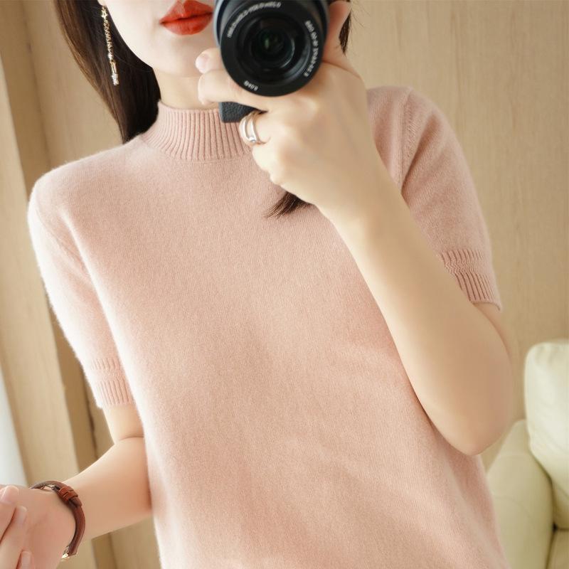 2025 Women's Loose Fit Short-Sleeve Knitted Sweater - Half-High Collar, Lightweight for Spring & Autumn