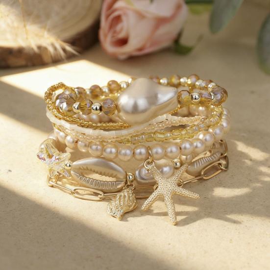 Summer Beach Bracelet for Women Faux Pearl Seashell Starfish Boho Layered Beaded Bracelets Handmade Stretch Bracelet