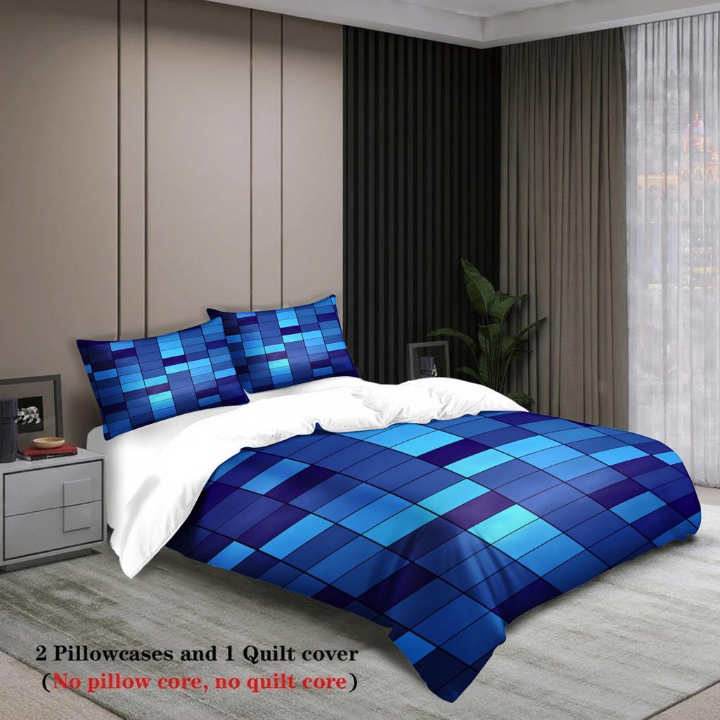 Set Biancheria da Letto Geometrico 3D Blu Copripiumino Colorato a Blocchi Federe Morbido Traspirante per Arredo Camera da Letto