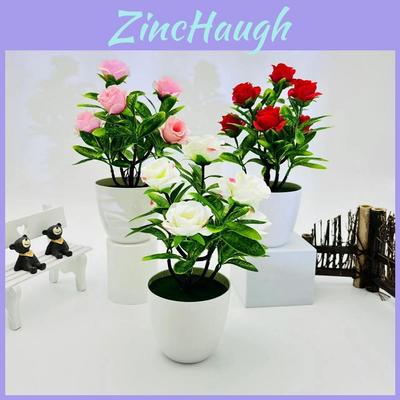 Artificial Seven Rose Desktop Plant With Miniature Greenery For Wedding Decor