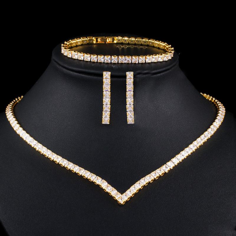 T0165 Bridal Wedding Dinner Accessories, Full Of Zircon Necklace Earrings Bracelet Three-Piece Set