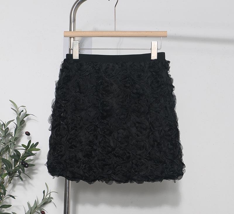 3D Rose Midi Tulle Skirt - Fluffy, Elastic High Waist, Slimming, Versatile A-line for Women