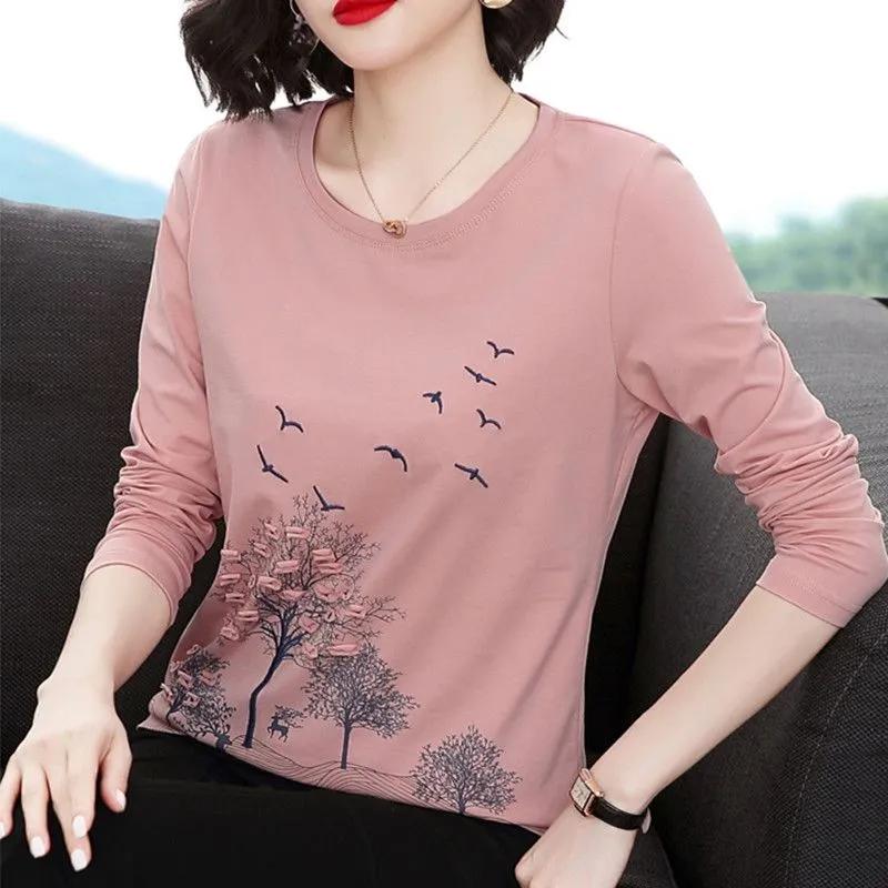 

Женский свободный топ с длинными рукавами из чистого хлопка с подкладкой, новинка осени-зимы 2025, универсальный, с вышивкой по корпусу L розовый