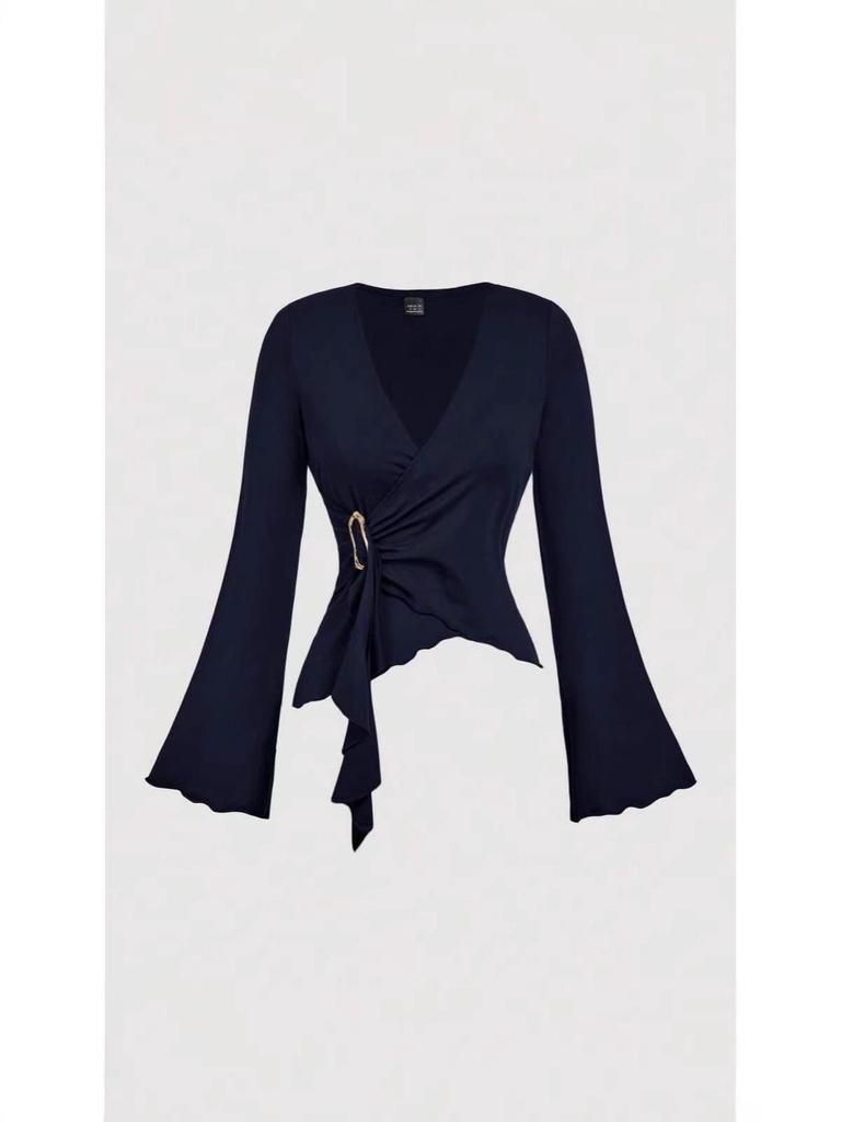 Women's Sexy V-neck Irregular Long-sleeve T-shirt - Solid Color, Autumn Collection