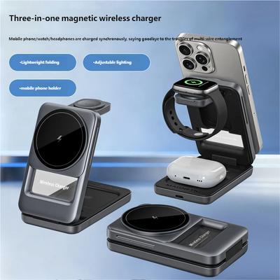 2026 3 In 1 Foldable MagSafe Wireless Charger Stand 15W Fast Charging Station with Night Light for iPhone Watch AirPods