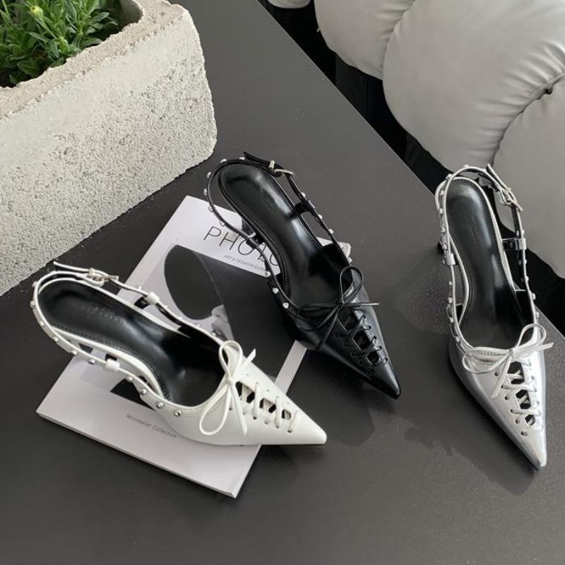 Fashion Fashion Design Rivets Back Buckle Strap Women Pumps Hollow Out Lace Up Pointed Toe Low Thin Heels Mules Sandals Shoes