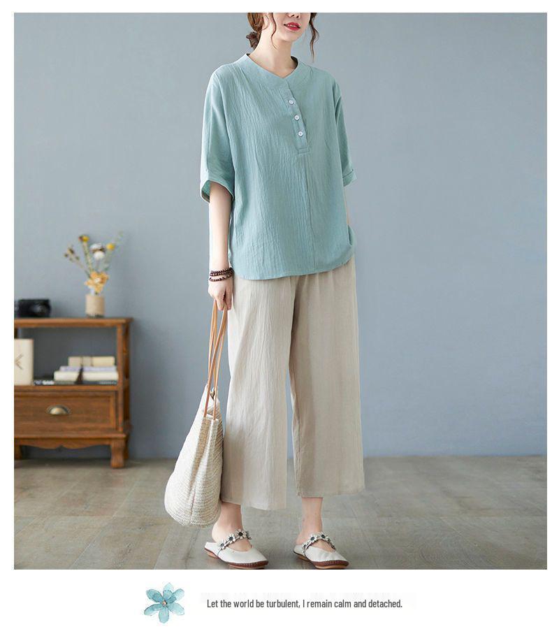 Plus Size Summer Cotton Linen Clothing Set: Short-Sleeved T-shirt Top Two-Piece for Mid-Aged and Elderly Women