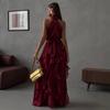 New Women's Clothing Neck Holiday Style Red Bright Silk Ruffle Edge Belt Sleeveless Dress In Stock