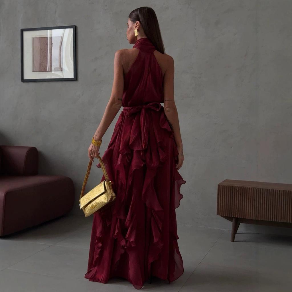 New Women's Clothing Neck Holiday Style Red Bright Silk Ruffle Edge Belt Sleeveless Dress In Stock