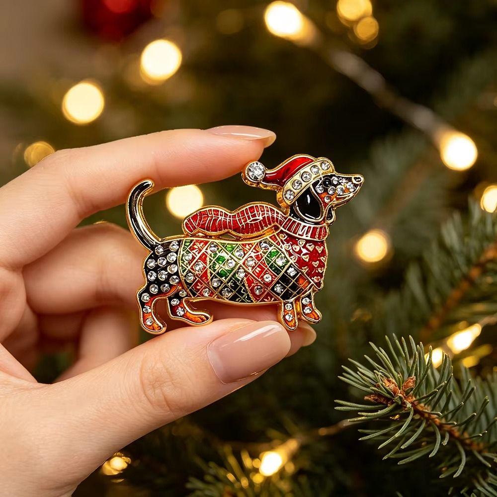 Enamel Rhinestone Brooch Dog Christmas Crystal Pins Fashion Xmas Jewelry Party