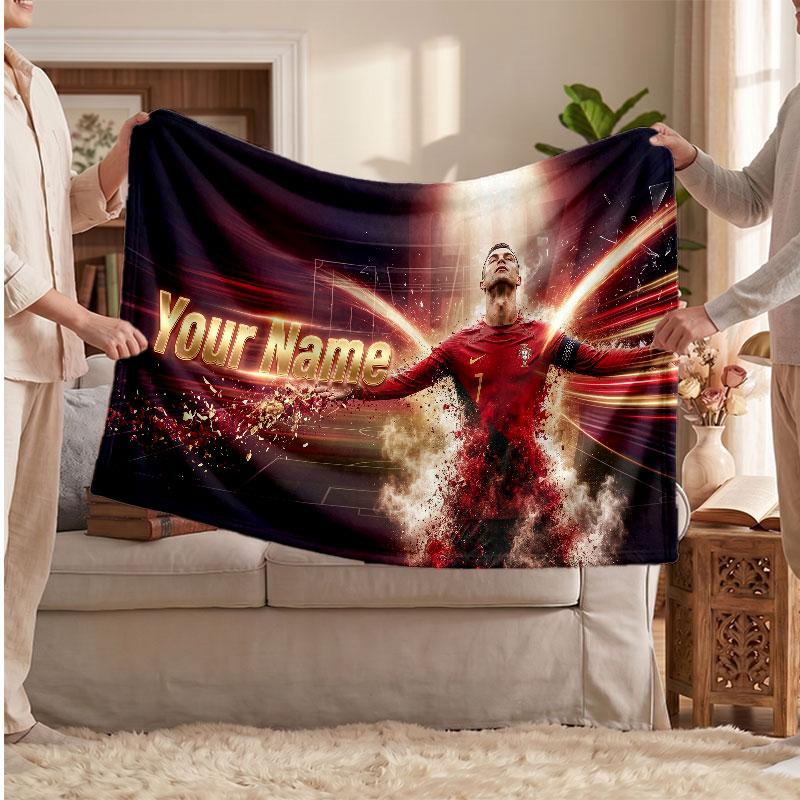 Cristiano Ronaldo Personalized Fleece Blanket With Football Logo, Custom Name Text Soft Warm Home Throw Blanket