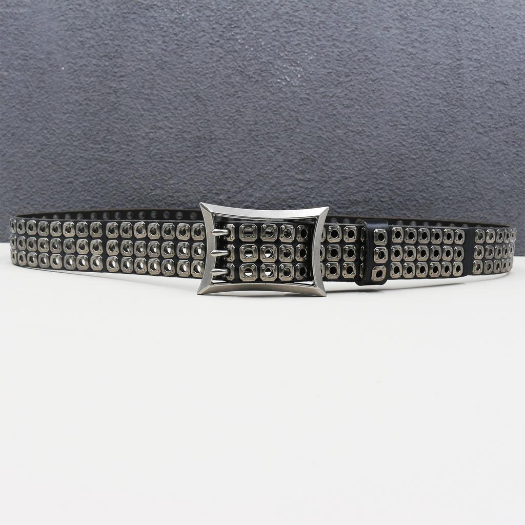 New Japanese American Motorcycle Belt Heavy Duty Punk Car Eye Hollow Rivet Men's Cowhide Belt Women's Three-pin Buckle