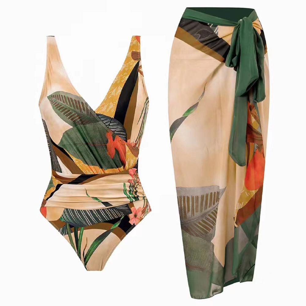 European & American Swimwear: Printed Long Dress & V-Neck Swimsuit Two-Piece Set for Women