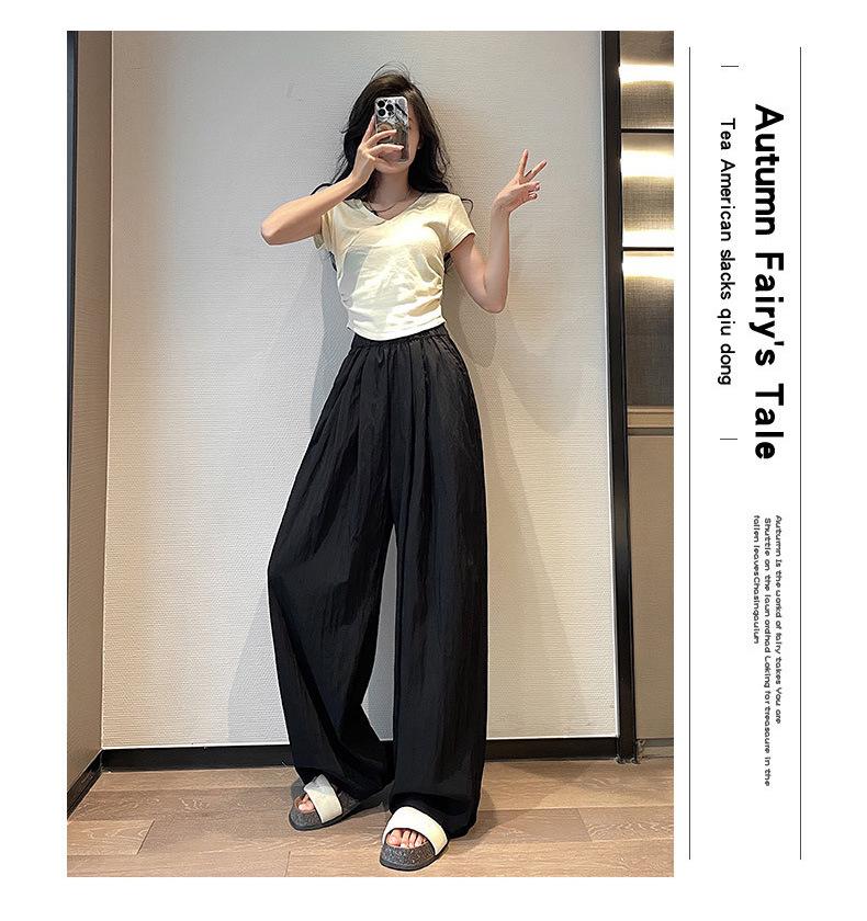 Women's Summer Blue Wide-Leg Ice Silk Pants - Casual Pleated Zen Style
