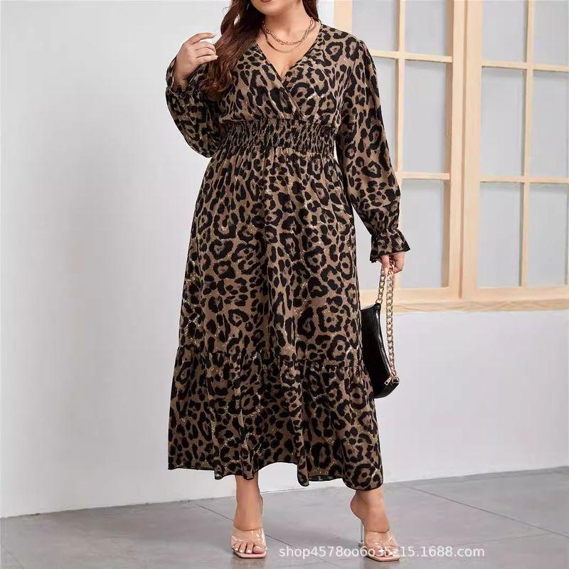 

Модный стиль Леопардовый принт V-образный вырез Длинные рукава Платье Осень Новое поступление Все сочетается Приталенный силуэт Утягивающий пуловер Юбка до колена Женская мода Color Plus size L