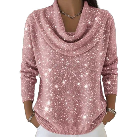 Women Tops Swing Collar Long Sleeve Shiny Rhinestones Pullover Tops Loose Fit Solid Color Flash
