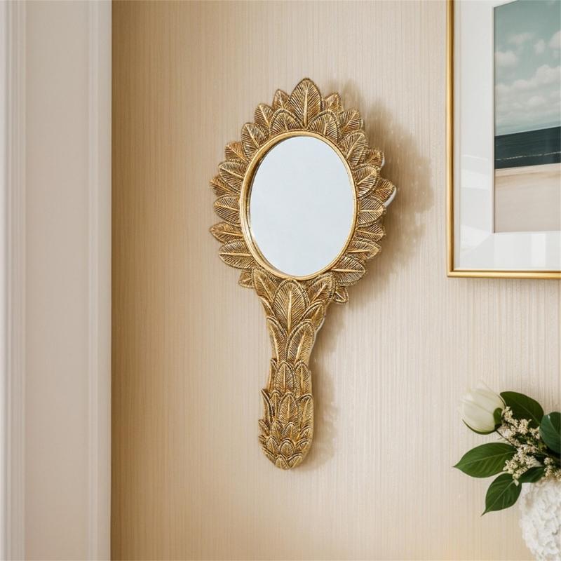 Golden Leaf Embossing Frame Wall Mirror Decorative Oval Handheld Mirror with Handle, Resin Accent Piece for Bedroom Vanity Hallway and Study Decors