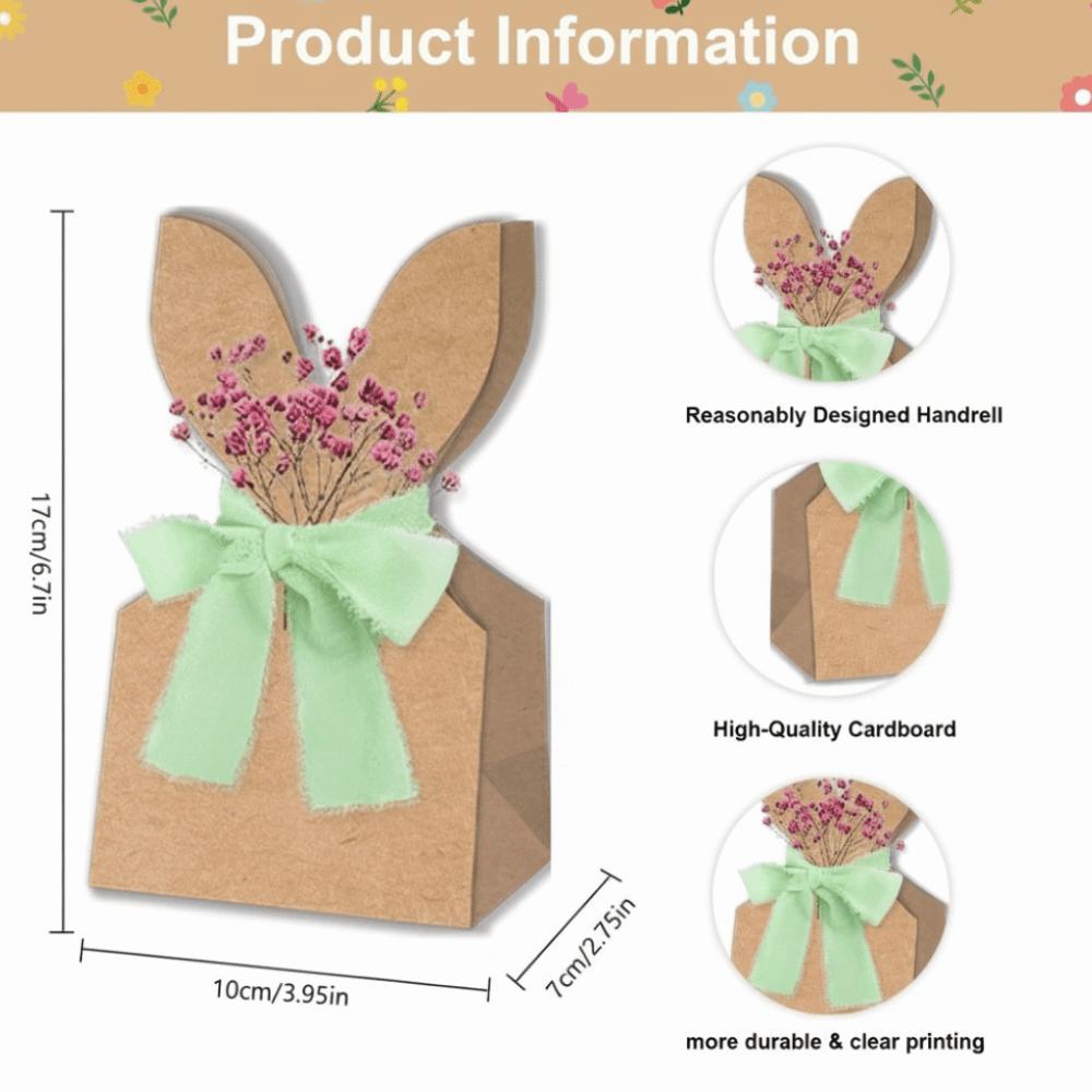 12/24 pcs Cowhide Paper Easter Gift Bags Rabbit Ears Artificial Flowers Party Favor Bags Neutral Bow Ribbon Rustic Paper