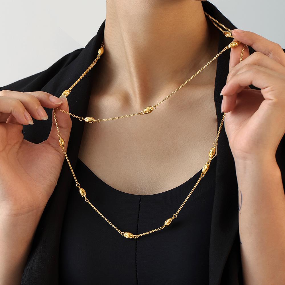 European & American Long Double-Layered Beaded Sweater Chain, Titanium Steel Clavicle Chain for Women, Simple & Versatile Design