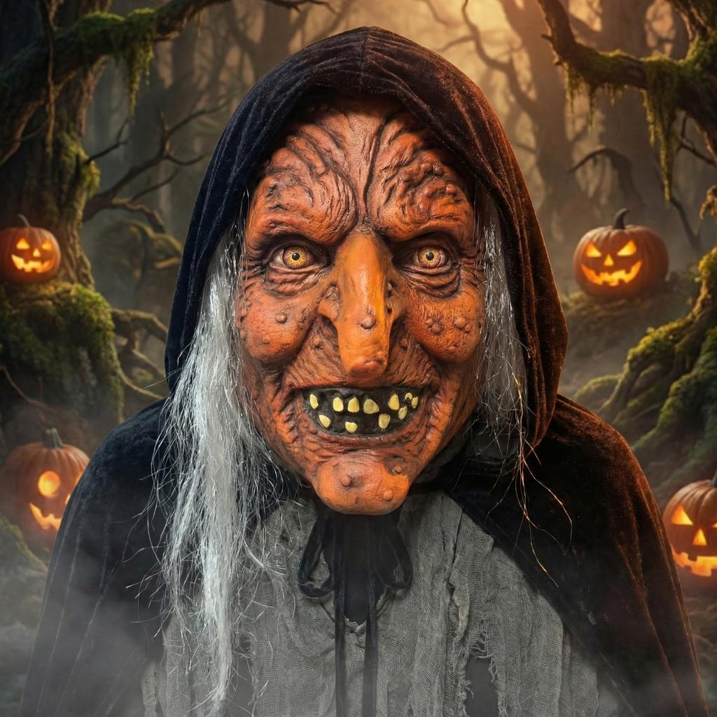 Gruselige braune Haut Hexe Latexmaske mit weißen Haaren für Halloween-Partymasken und Theateraufführungen