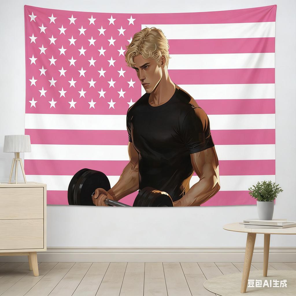 1pc Anime Pink American Flag Muscle Guy Tapestry 2D Polyester Wall Hanging Gym Aesthetic Decor for Bedroom Living Room Gift