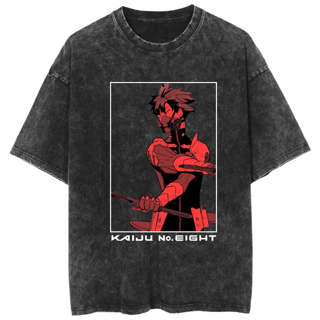 2026 summer Anime Kaiju No.8 Oversized T-shirt, Kafka Hibino Monster Form Print Casual Streetwear Washed Black Tee