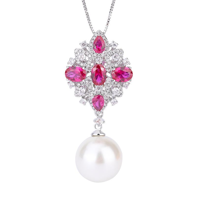 Jewelry Inlaid With White Beads, Light Fashion Simulation Color Treasure, Two-Color Diamond-Inlaid Pendant Necklace 16Mm