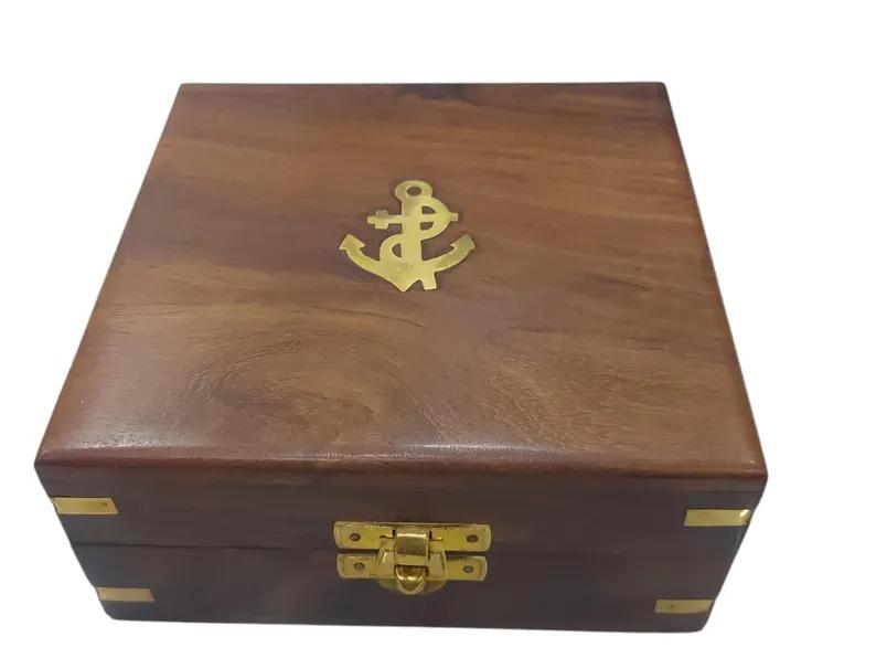 Vintage Brass Compass Sundial with Sheesham Wooden Box
