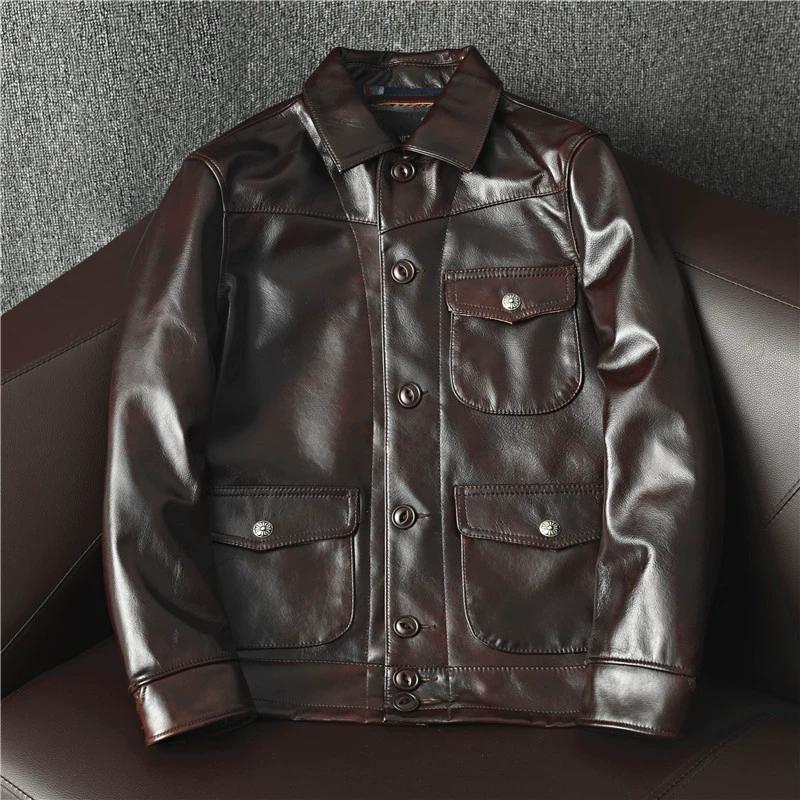 Men Waxed Tea Core Genuine Leather Biker Jacket Slim Fit Stylish Brakeman Coat Trendy Outerwear