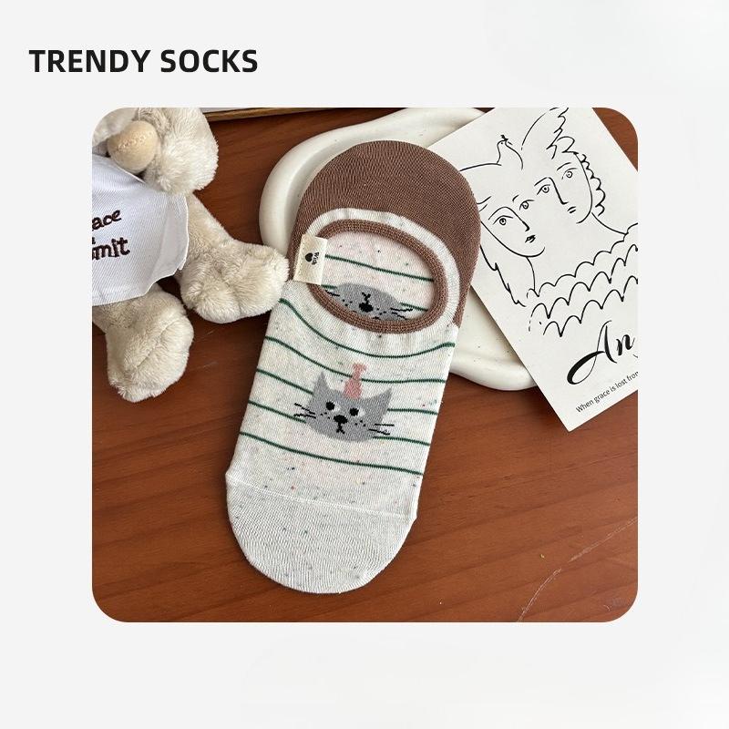 Spring and Summer Cartoon Animal Pattern Women's Boat Shoes Simple and Versatile Non-slip Invisible Socks Thin Cotton Breathable Short Socks