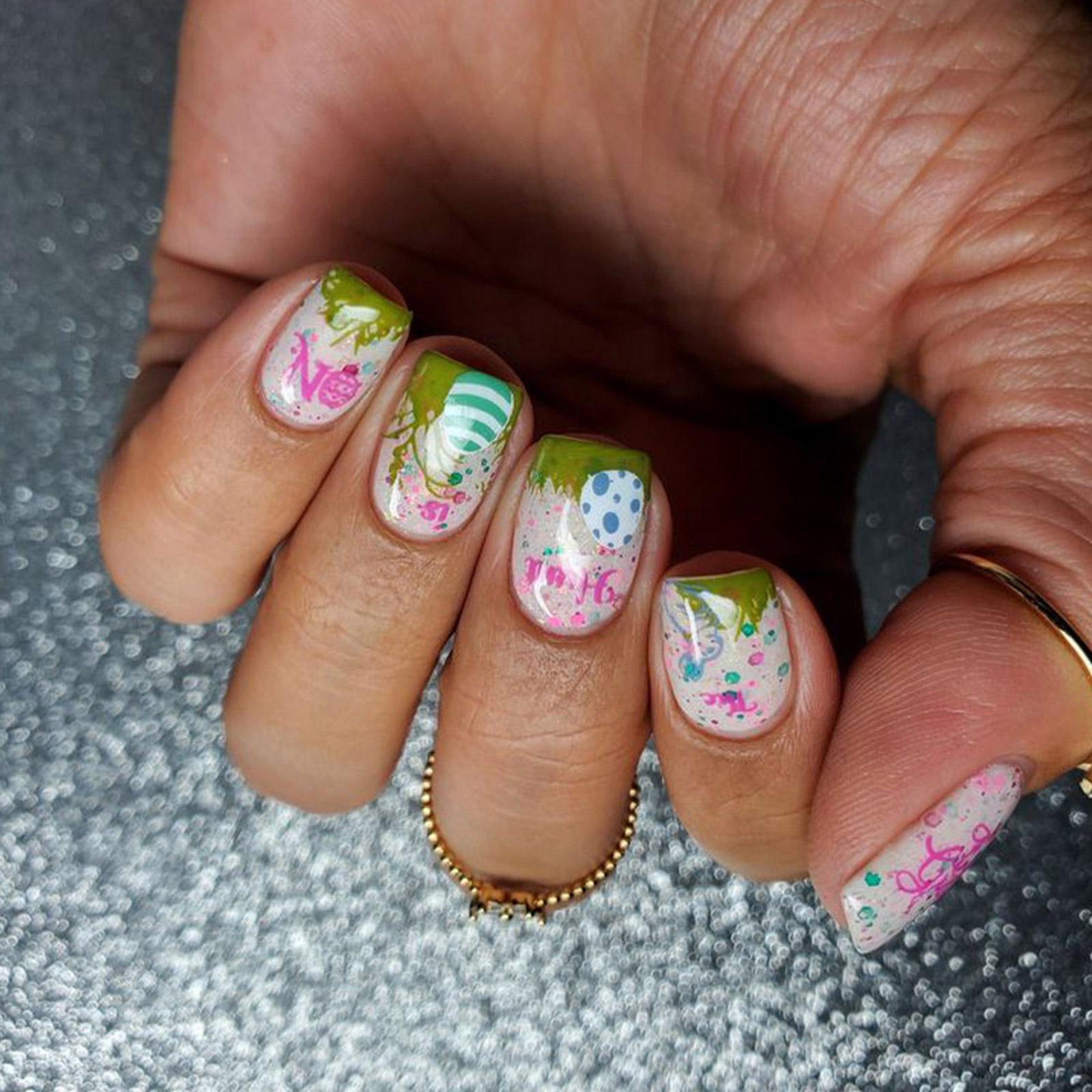 

24 шт. цветные искусственные ногти блестящие полное покрытие наклеиваются на ногти пасхальные накладные ногти короткие квадратные накладные ногти