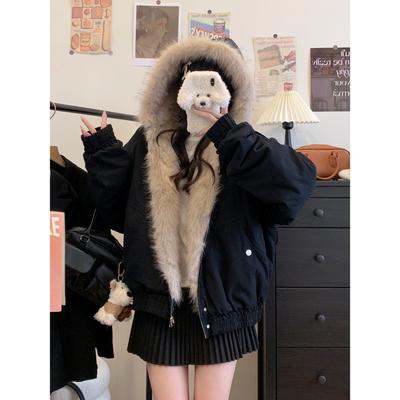 Winter Short Hooded Parka with Big Fur Collar Thick Cotton Jacket for Women