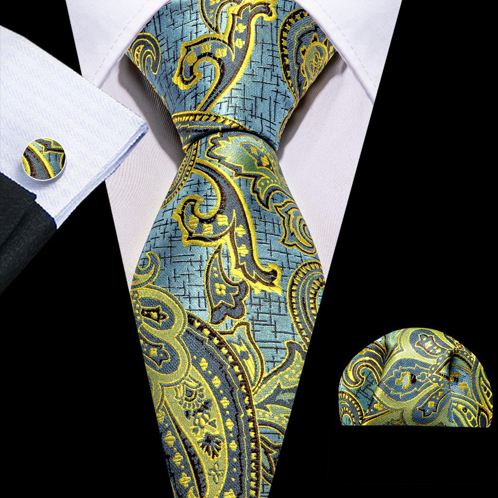 Barry.Wang Floral Ties for Men Woven Paisley Wedding Necktie Handkerchief Cufflinks Formal Casual Set